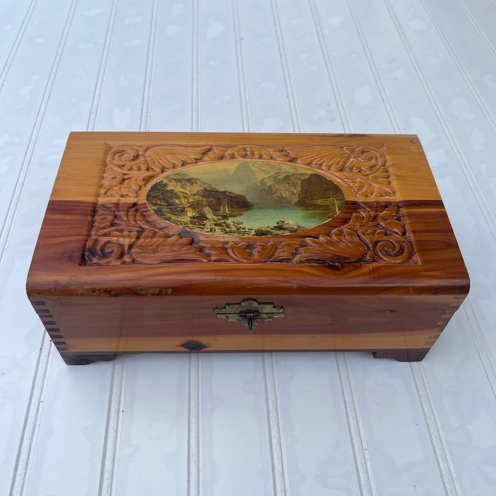 Vintage Hand Carved Cedar Wood Jewelry Box Mountain Lake Scene Footed Chest